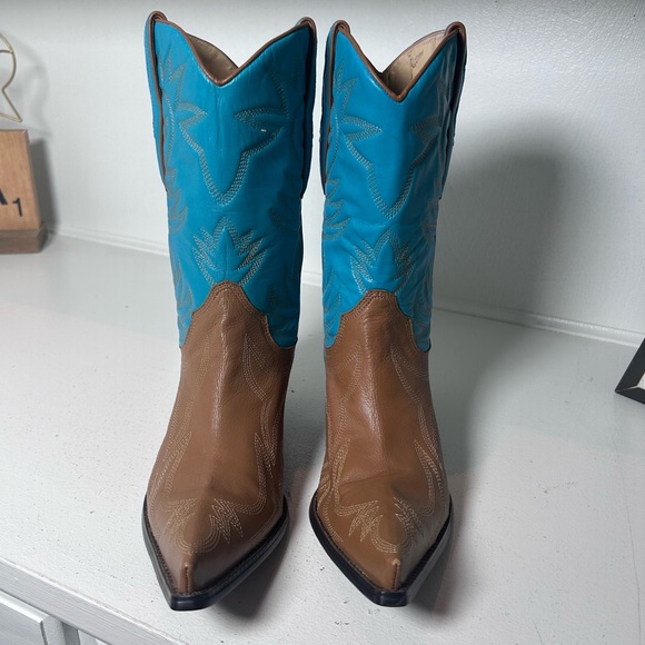 Vintage Guess by Marciano Western Cowboy Boots Brown & Turquoise Women 8 Leather - Picture 3 of 8